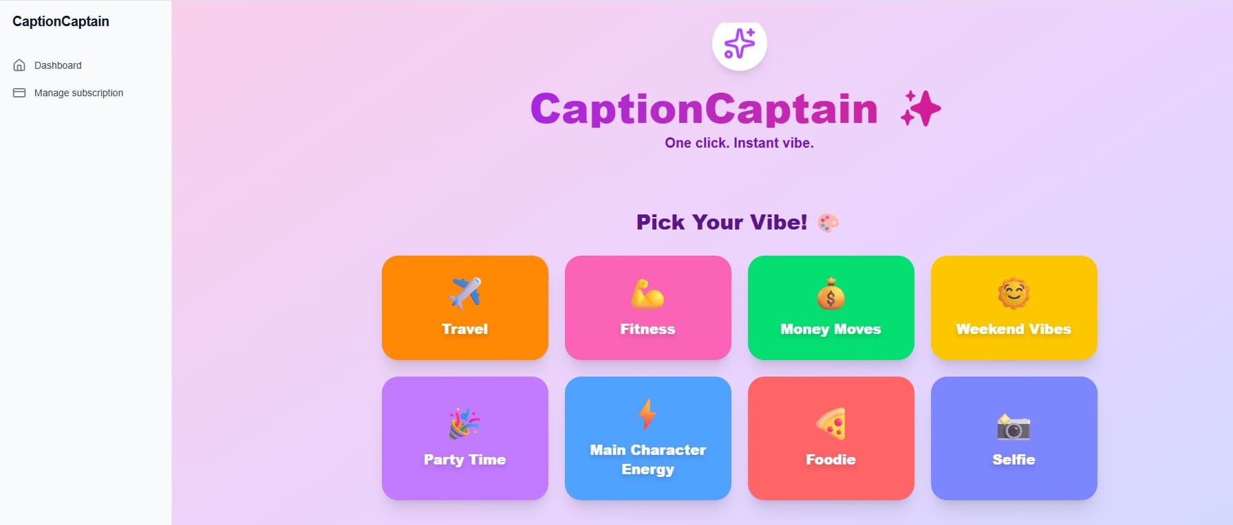 Caption Captain dashboard showing 8 Instagram caption categories to choose from